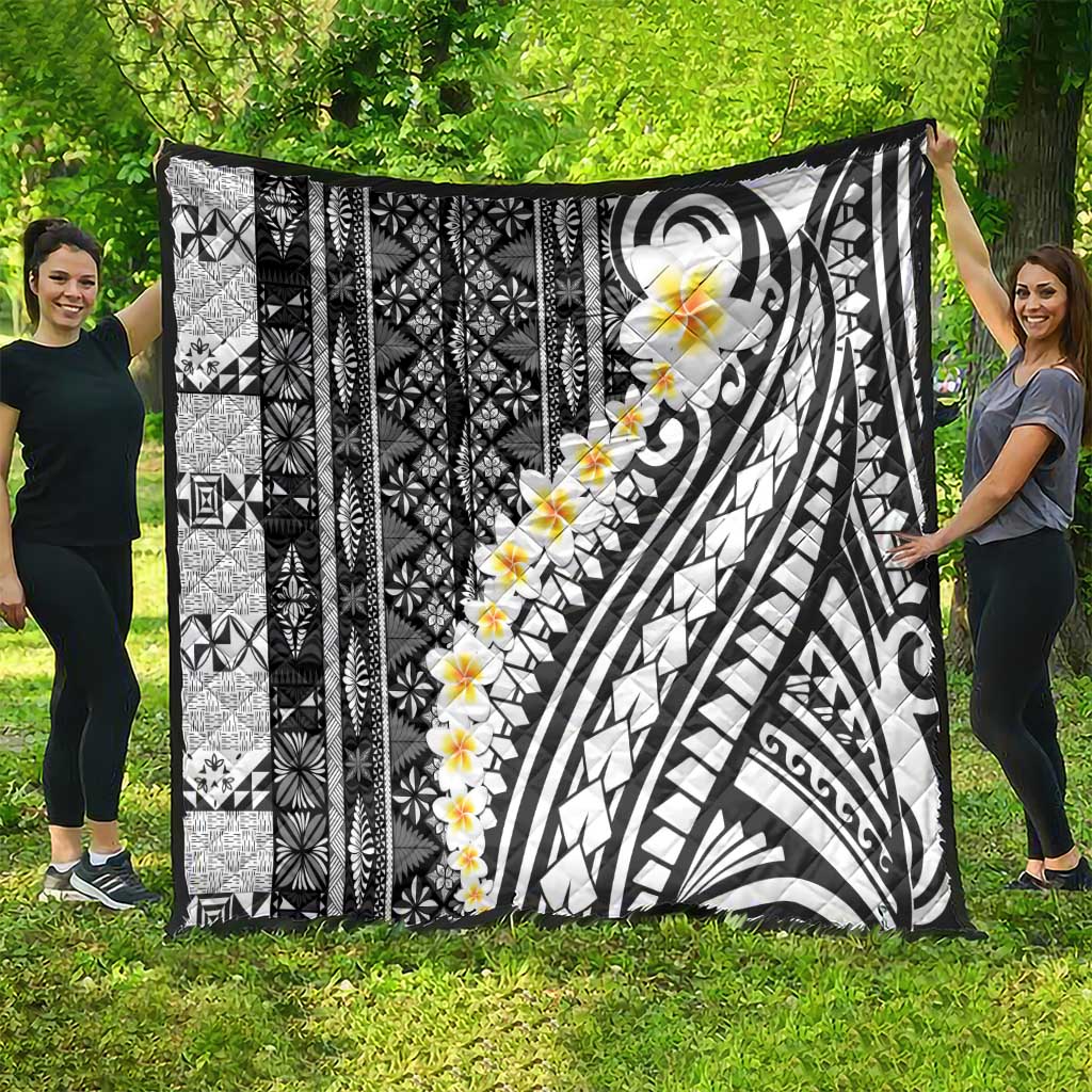 Black Vintage Tonga Ngatu Pattern With Plumeria Quilt - Polynesian Pride