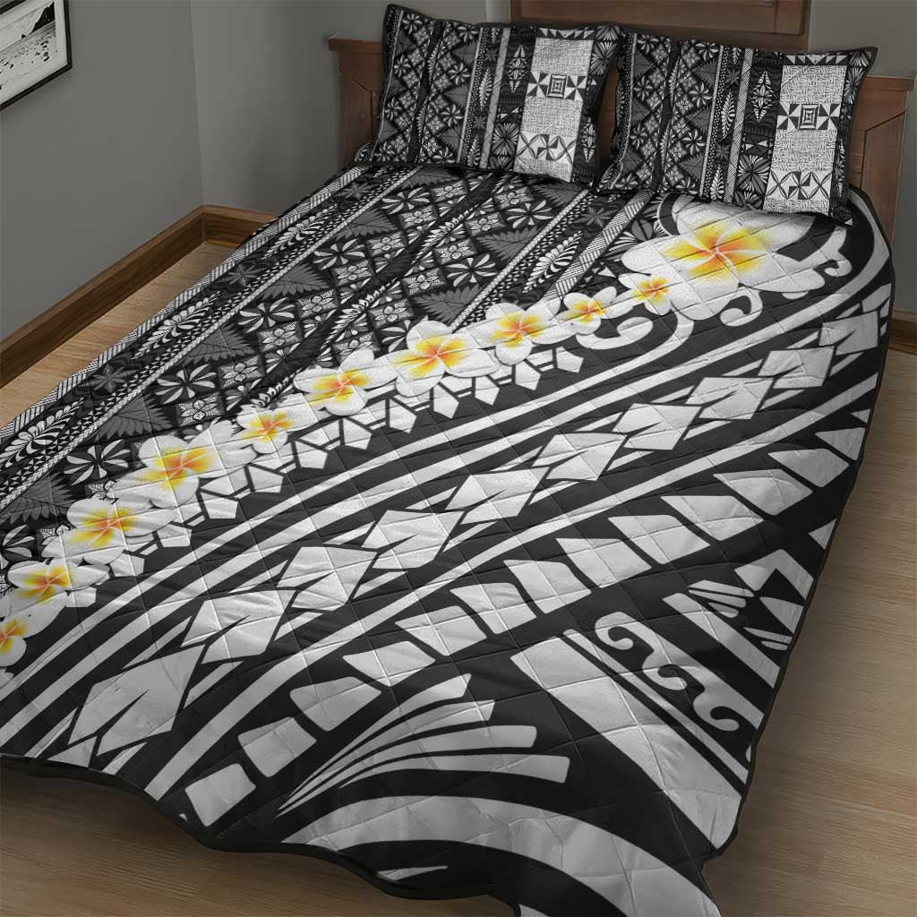 Black Vintage Tonga Ngatu Pattern With Plumeria Quilt Bed Set - Polynesian Pride