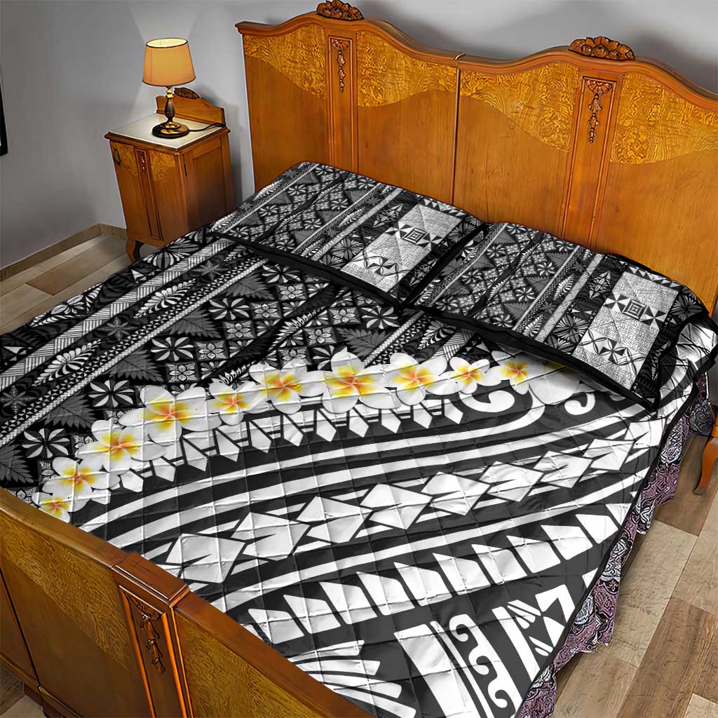 Black Vintage Tonga Ngatu Pattern With Plumeria Quilt Bed Set - Polynesian Pride