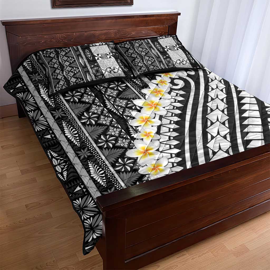 Black Vintage Tonga Ngatu Pattern With Plumeria Quilt Bed Set - Polynesian Pride
