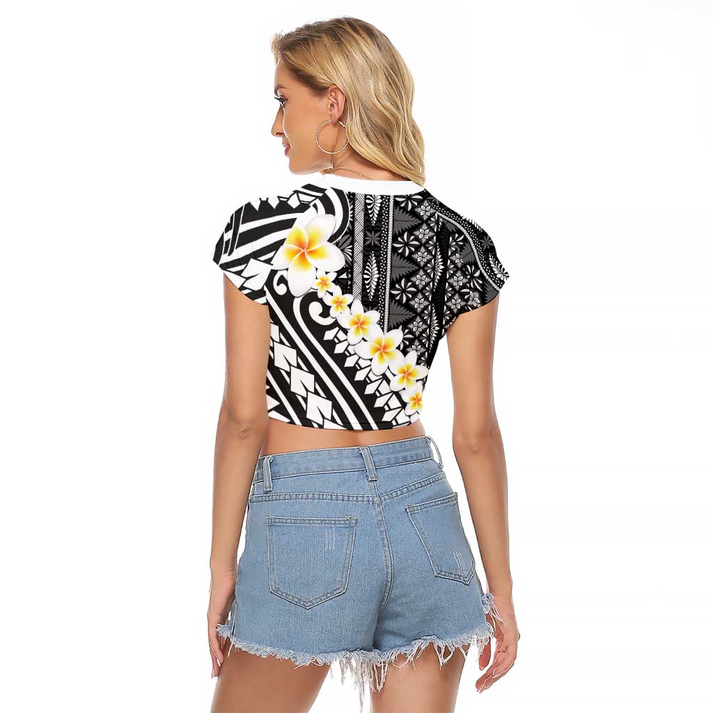 Black Vintage Tonga Ngatu Pattern With Plumeria Raglan Cropped T Shirt LT05 - Polynesian Pride
