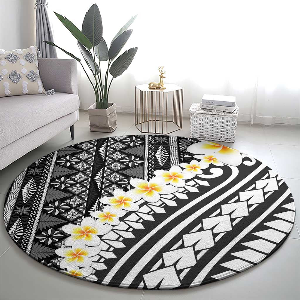 Black Vintage Tonga Ngatu Pattern With Plumeria Round Carpet - Polynesian Pride