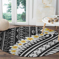 Black Vintage Tonga Ngatu Pattern With Plumeria Round Carpet - Polynesian Pride