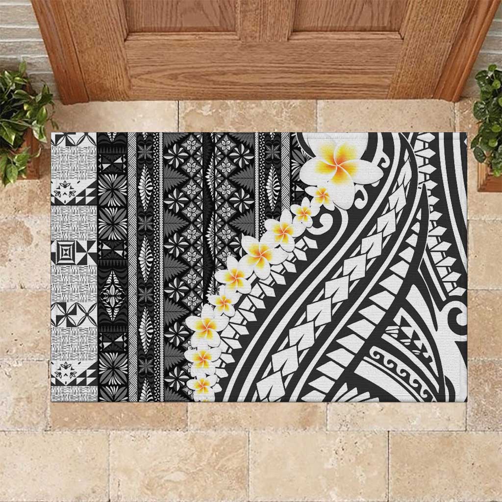 Black Vintage Tonga Ngatu Pattern With Plumeria Rubber Doormat LT05 Black - Polynesian Pride
