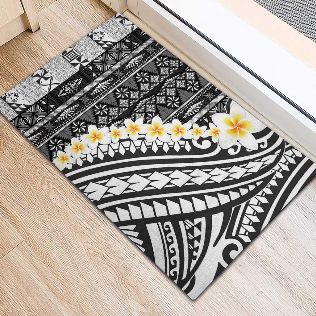 Black Vintage Tonga Ngatu Pattern With Plumeria Rubber Doormat LT05 - Polynesian Pride