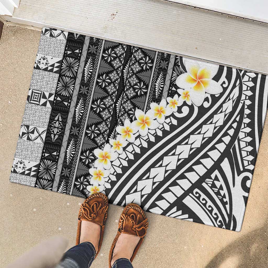 Black Vintage Tonga Ngatu Pattern With Plumeria Rubber Doormat LT05 - Polynesian Pride