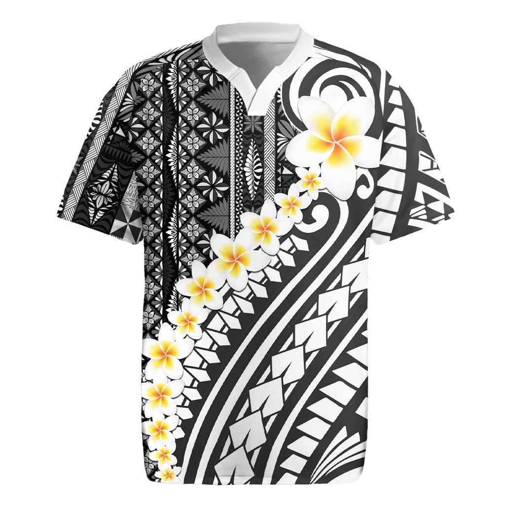 Black Vintage Tonga Ngatu Pattern With Plumeria Rugby Jersey - Polynesian Pride