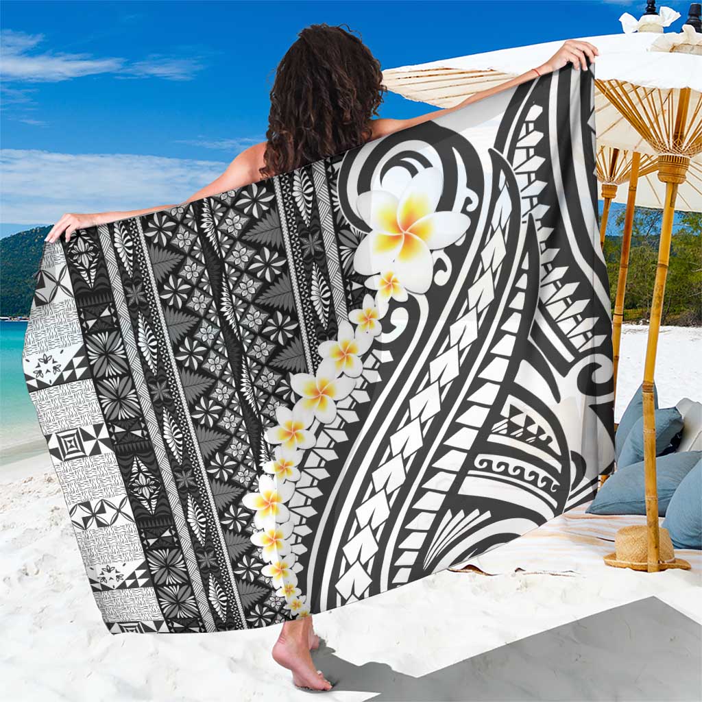 Black Vintage Tonga Ngatu Pattern With Plumeria Sarong - Polynesian Pride