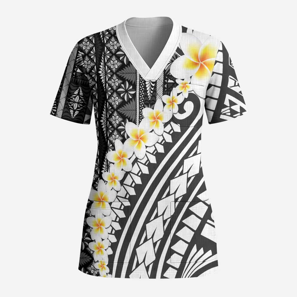 Black Vintage Tonga Ngatu Pattern With Plumeria Scrub Top LT05 Adult Black - Polynesian Pride