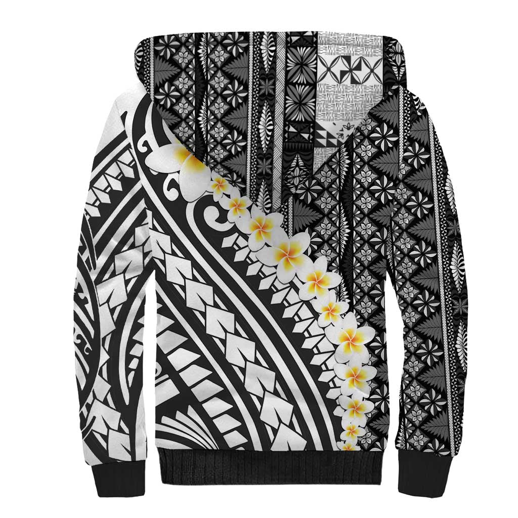 Black Vintage Tonga Ngatu Pattern With Plumeria Sherpa Hoodie - Polynesian Pride
