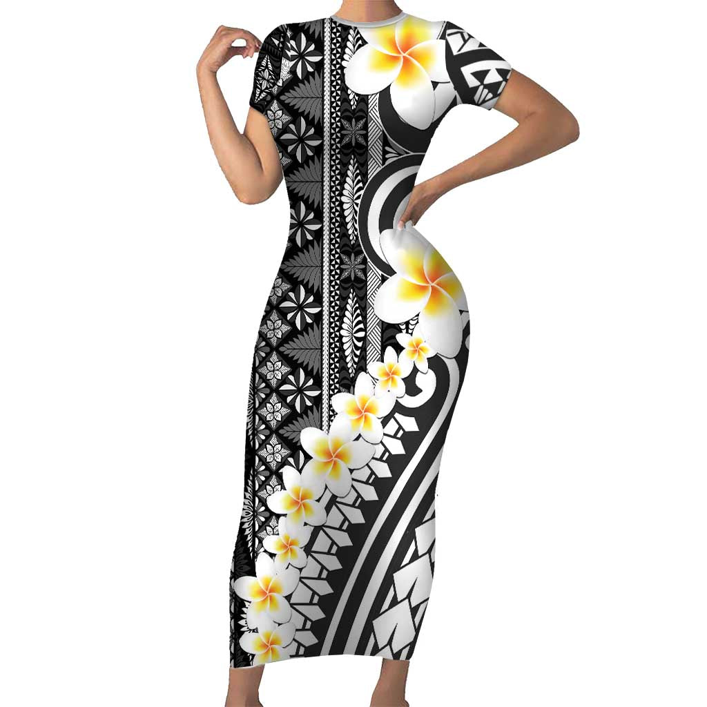 Black Vintage Tonga Ngatu Pattern With Plumeria Short Sleeve Bodycon Dress LT05 Long Dress Black - Polynesian Pride