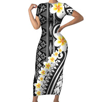 Black Vintage Tonga Ngatu Pattern With Plumeria Short Sleeve Bodycon Dress LT05 Long Dress Black - Polynesian Pride