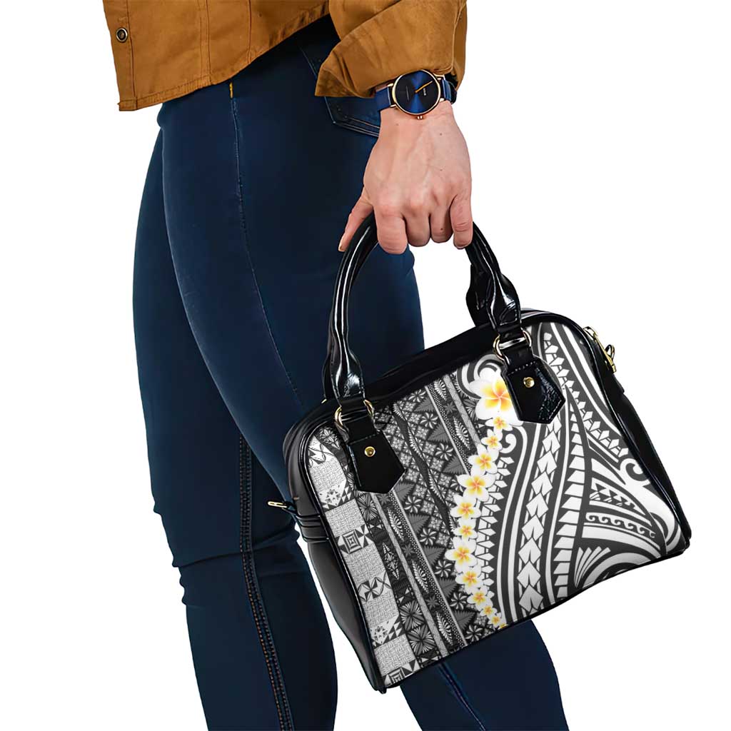 Black Vintage Tonga Ngatu Pattern With Plumeria Shoulder Handbag - Polynesian Pride