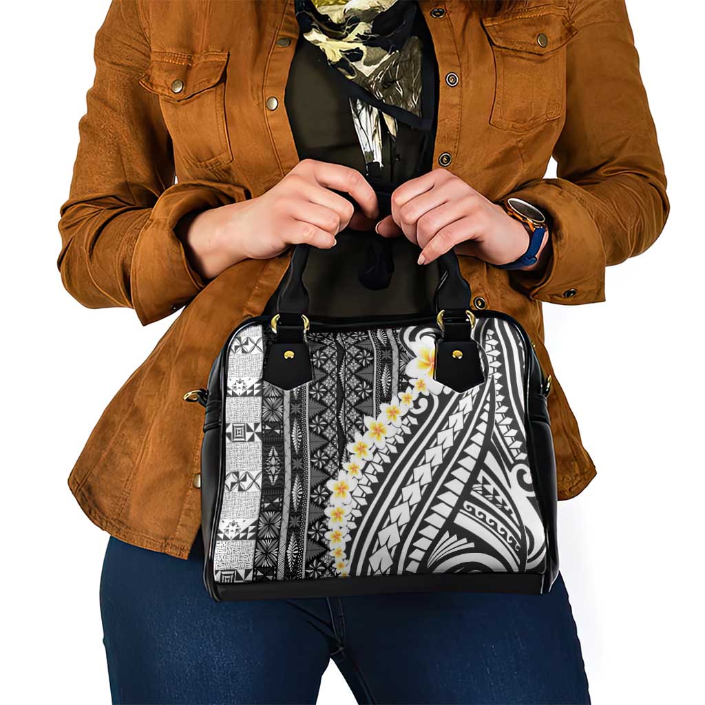 Black Vintage Tonga Ngatu Pattern With Plumeria Shoulder Handbag - Polynesian Pride
