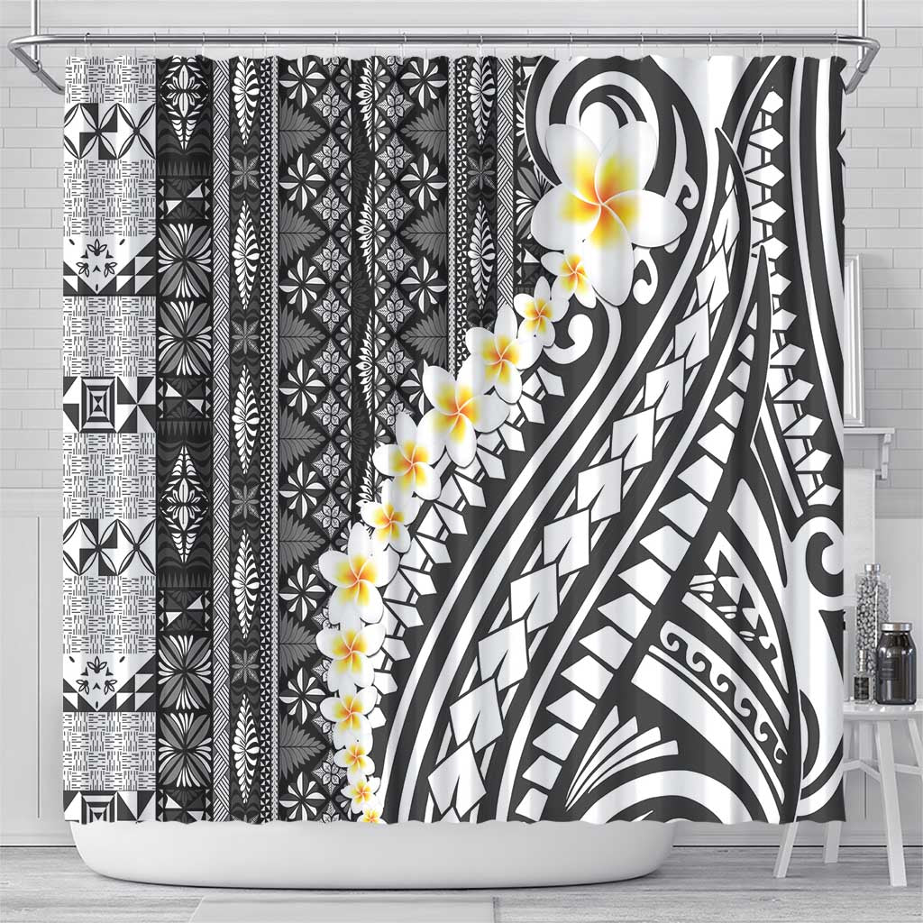Black Vintage Tonga Ngatu Pattern With Plumeria Shower Curtain - Polynesian Pride