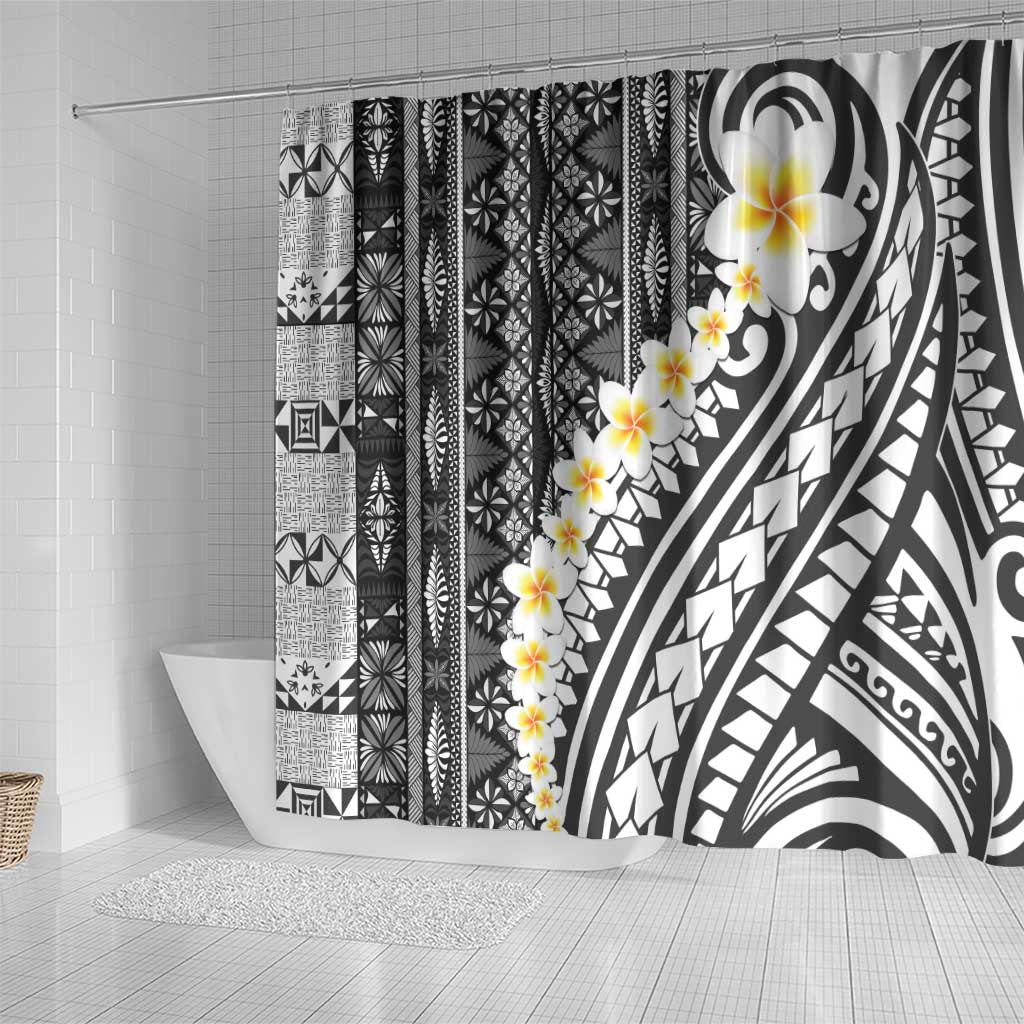 Black Vintage Tonga Ngatu Pattern With Plumeria Shower Curtain - Polynesian Pride