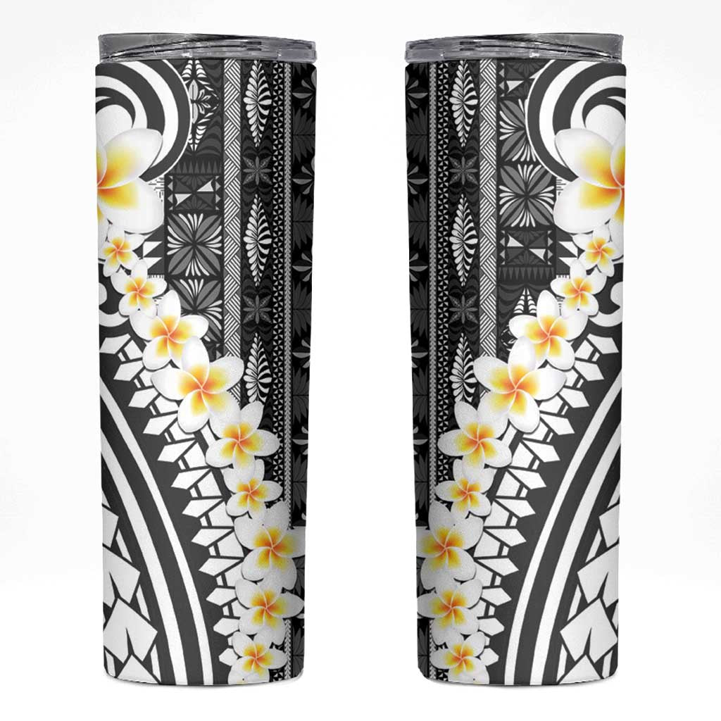 Black Vintage Tonga Ngatu Pattern With Plumeria Skinny Tumbler LT05 Black - Polynesian Pride