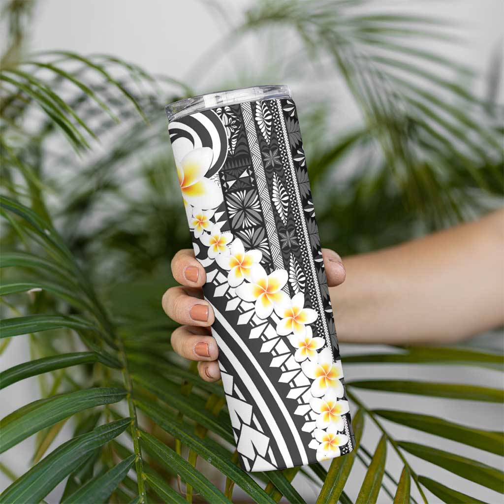 Black Vintage Tonga Ngatu Pattern With Plumeria Skinny Tumbler LT05 - Polynesian Pride