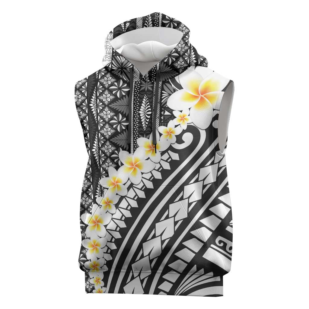 Black Vintage Tonga Ngatu Pattern With Plumeria Sleeveless Hoodie - Polynesian Pride