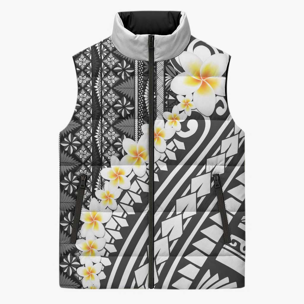 Black Vintage Tonga Ngatu Pattern With Plumeria Sleeveless Puffer Jacket LT05 Unisex Black - Polynesian Pride