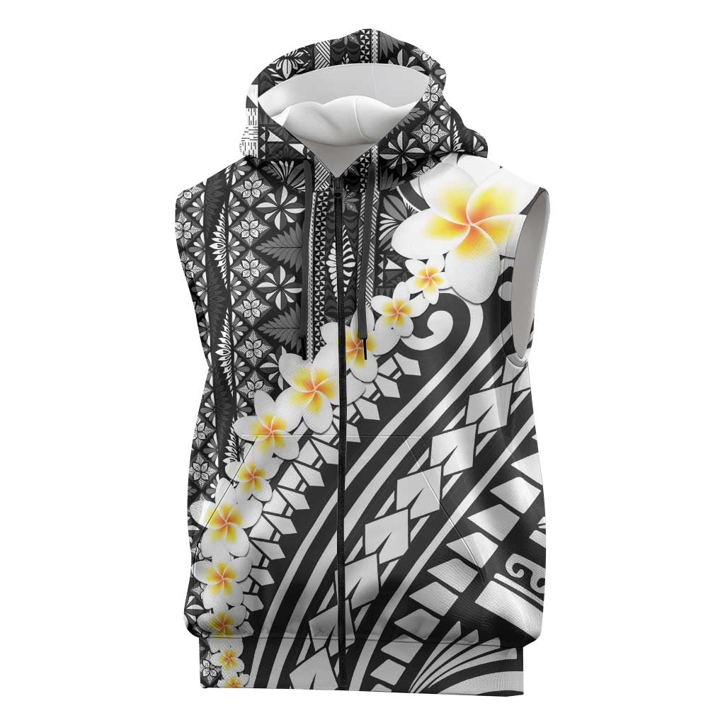 Black Vintage Tonga Ngatu Pattern With Plumeria Sleeveless Zip Hoodie LT05 Black - Polynesian Pride