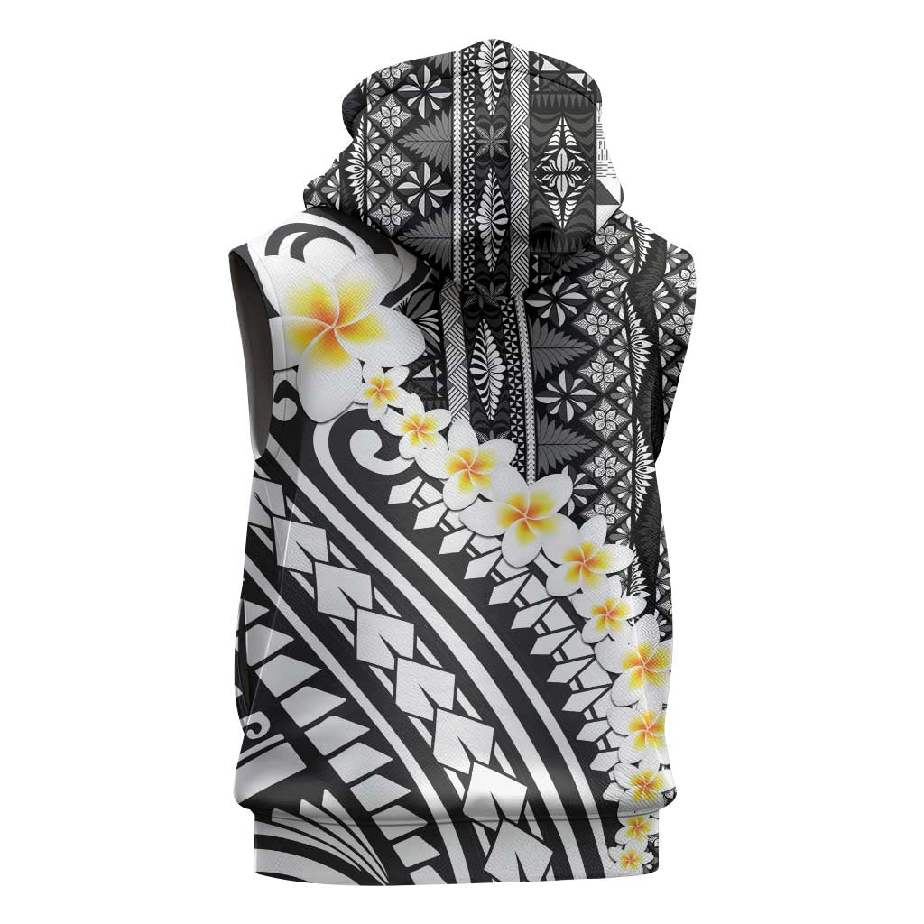 Black Vintage Tonga Ngatu Pattern With Plumeria Sleeveless Zip Hoodie LT05 - Polynesian Pride