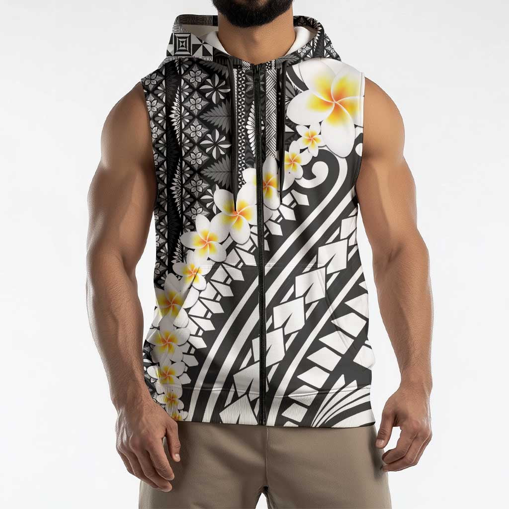Black Vintage Tonga Ngatu Pattern With Plumeria Sleeveless Zip Hoodie LT05 - Polynesian Pride