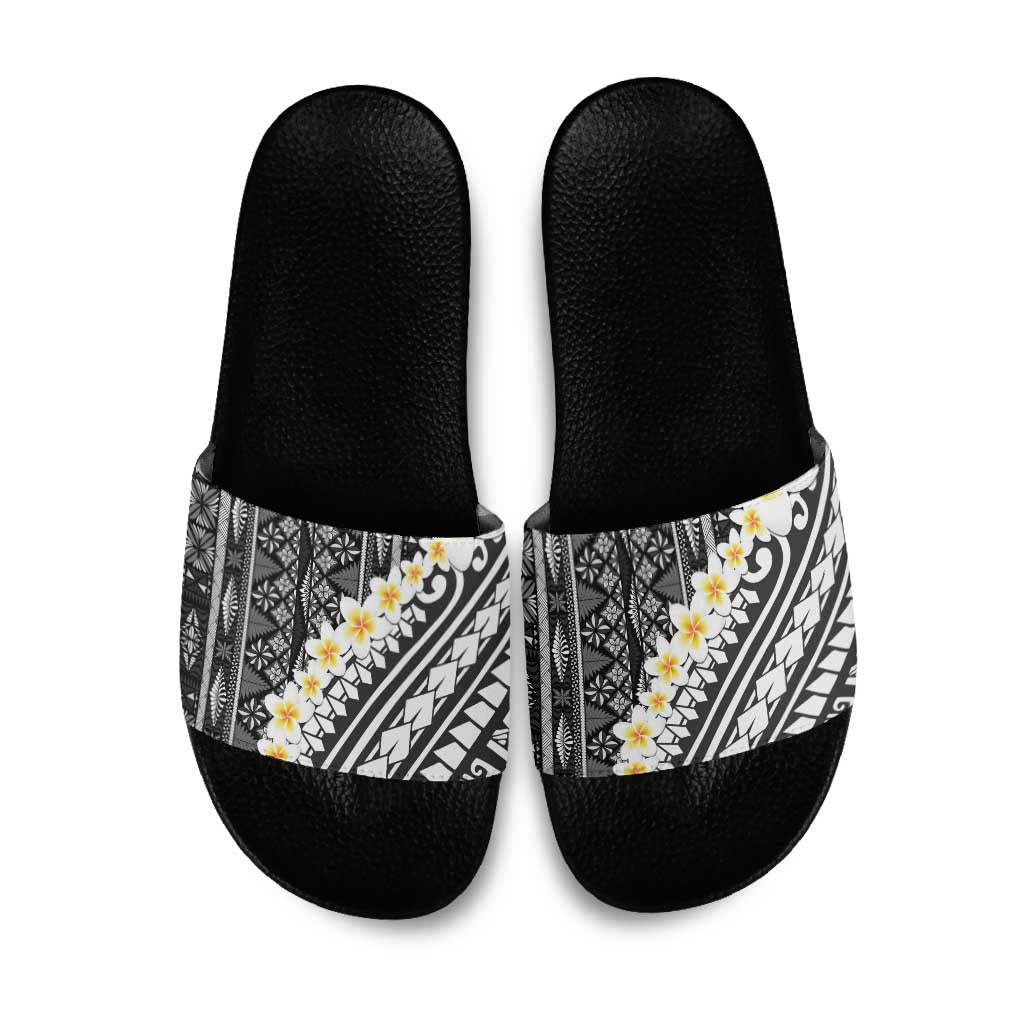 Black Vintage Tonga Ngatu Pattern With Plumeria Slide Sandals - Polynesian Pride