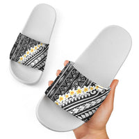 Black Vintage Tonga Ngatu Pattern With Plumeria Slide Sandals - Polynesian Pride
