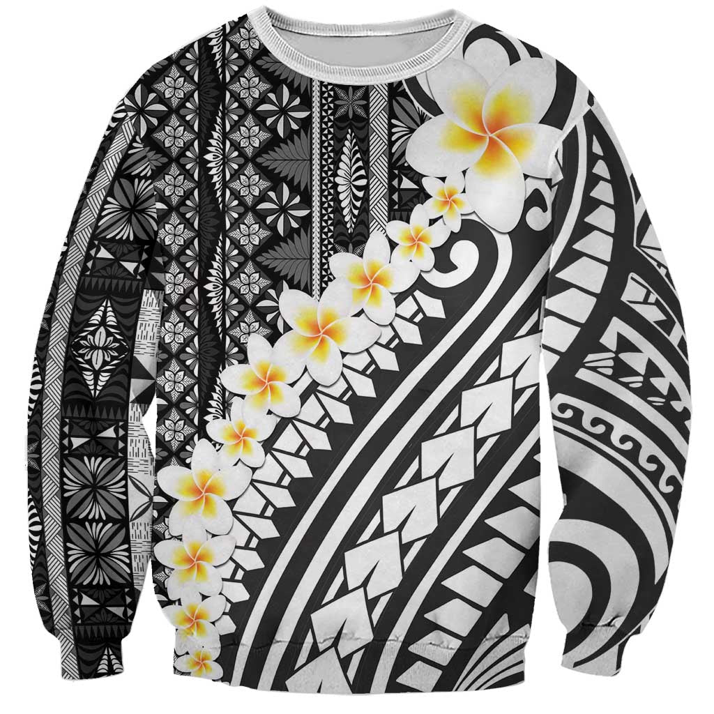 Black Vintage Tonga Ngatu Pattern With Plumeria Sweatshirt LT05 Unisex Black - Polynesian Pride