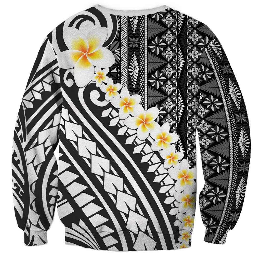 Black Vintage Tonga Ngatu Pattern With Plumeria Sweatshirt LT05 - Polynesian Pride