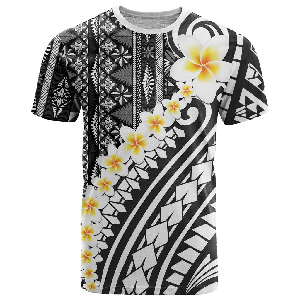 Black Vintage Tonga Ngatu Pattern With Plumeria T Shirt LT05 Black - Polynesian Pride