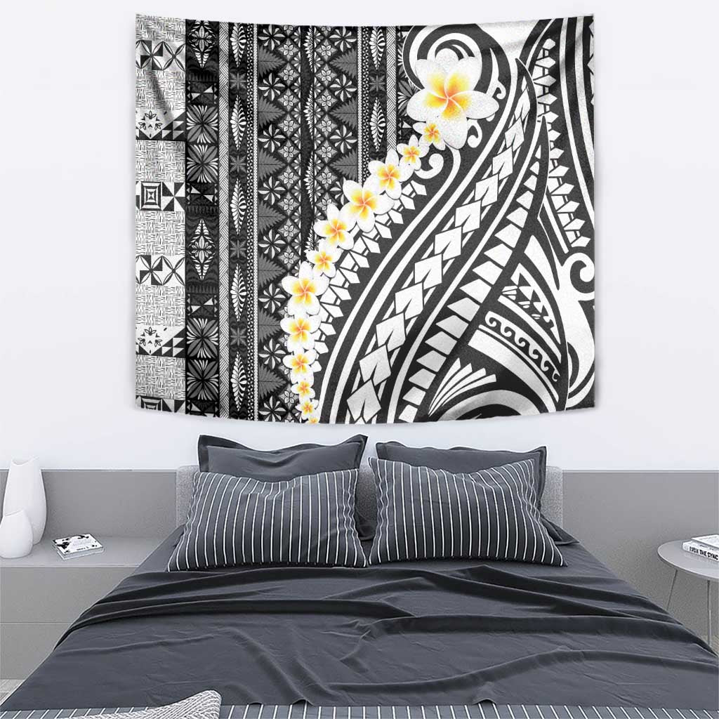 Black Vintage Tonga Ngatu Pattern With Plumeria Tapestry - Polynesian Pride