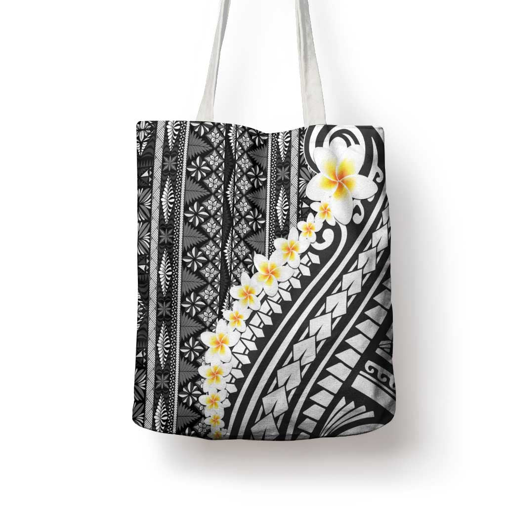 Black Vintage Tonga Ngatu Pattern With Plumeria Tote Bag - Polynesian Pride