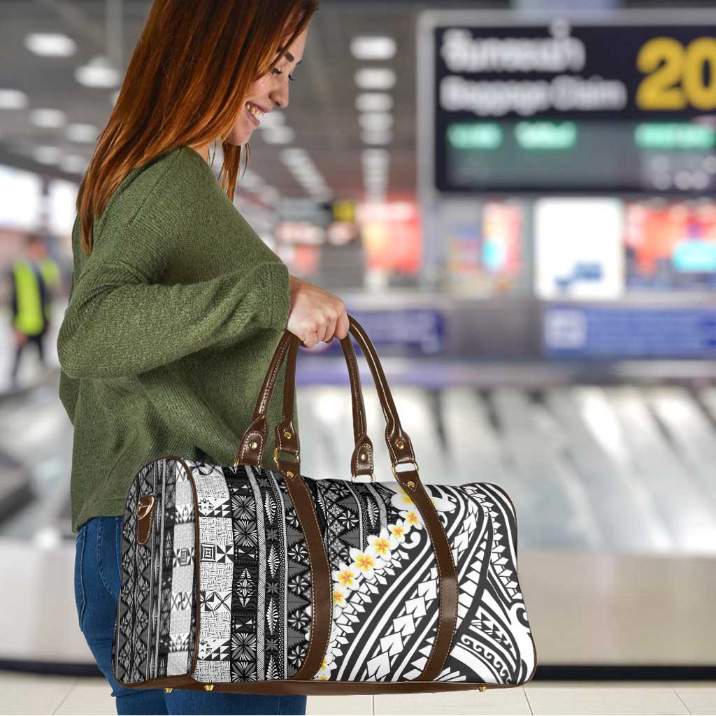 Black Vintage Tonga Ngatu Pattern With Plumeria Travel Bag - Polynesian Pride