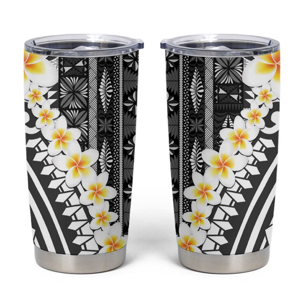 Black Vintage Tonga Ngatu Pattern With Plumeria Tumbler Cup LT05 Black - Polynesian Pride