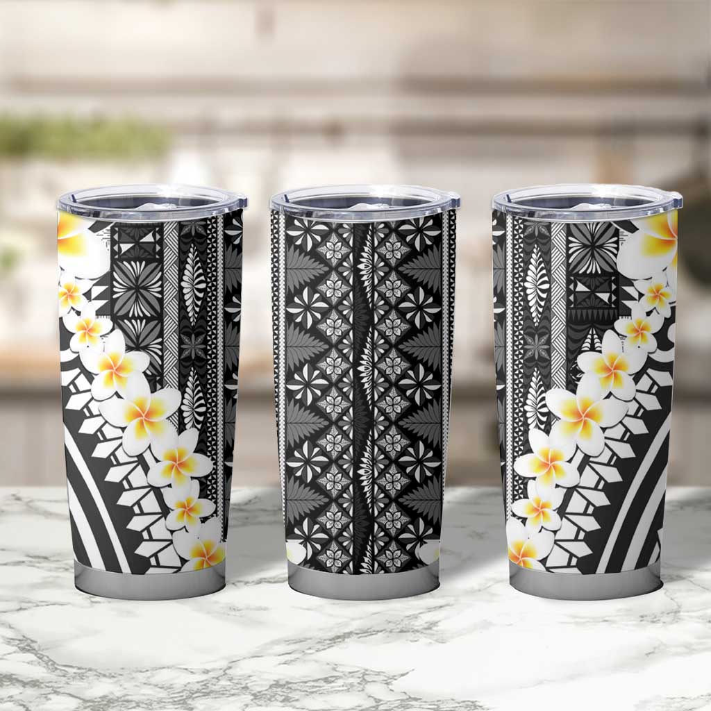 Black Vintage Tonga Ngatu Pattern With Plumeria Tumbler Cup LT05 - Polynesian Pride