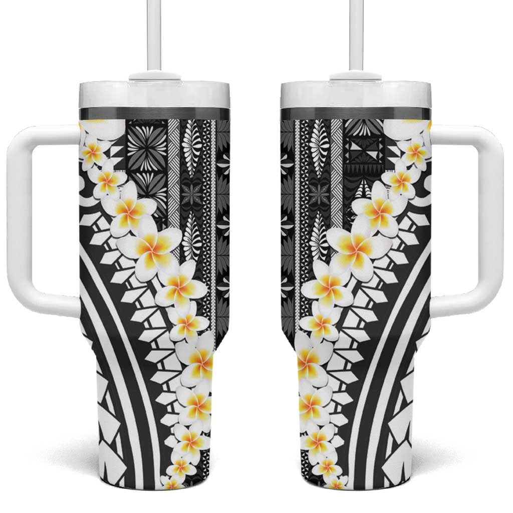 Black Vintage Tonga Ngatu Pattern With Plumeria Tumbler With Handle - Polynesian Pride