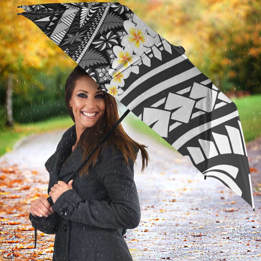 Black Vintage Tonga Ngatu Pattern With Plumeria Umbrella LT05 - Polynesian Pride