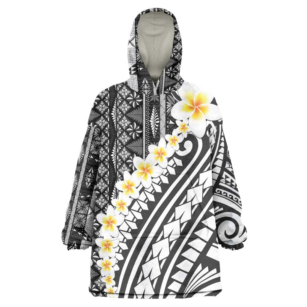 Black Vintage Tonga Ngatu Pattern With Plumeria Wearable Blanket Hoodie - Polynesian Pride