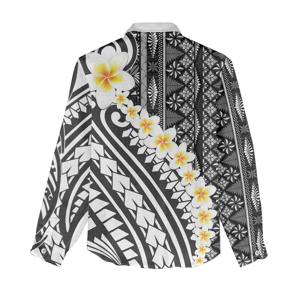 Black Vintage Tonga Ngatu Pattern With Plumeria Women Casual Shirt - Polynesian Pride