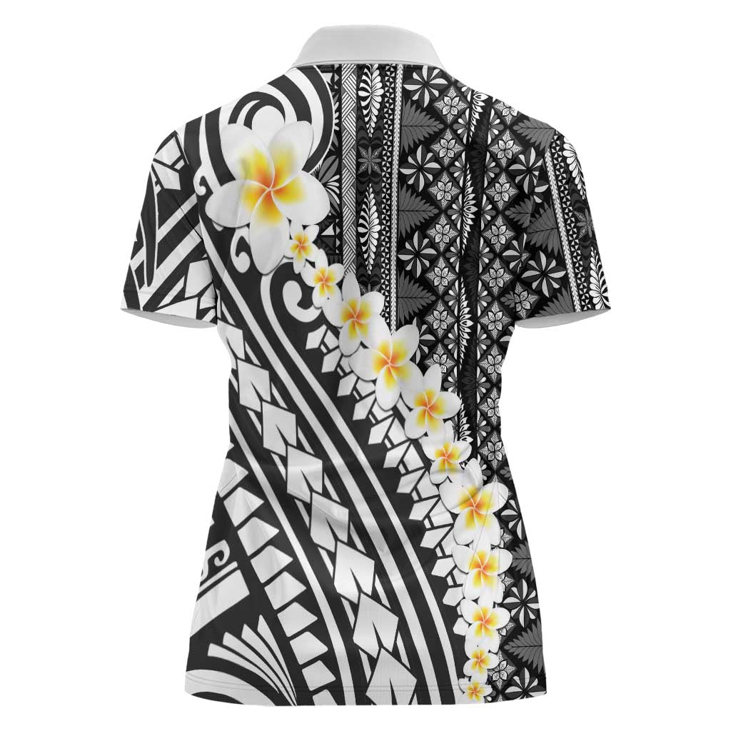 Black Vintage Tonga Ngatu Pattern With Plumeria Women Polo Shirt LT05 - Polynesian Pride
