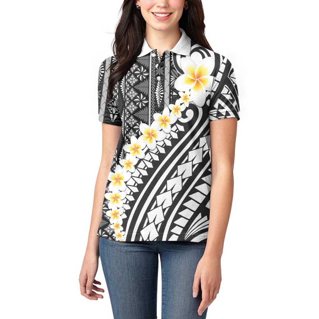 Black Vintage Tonga Ngatu Pattern With Plumeria Women Polo Shirt LT05 - Polynesian Pride