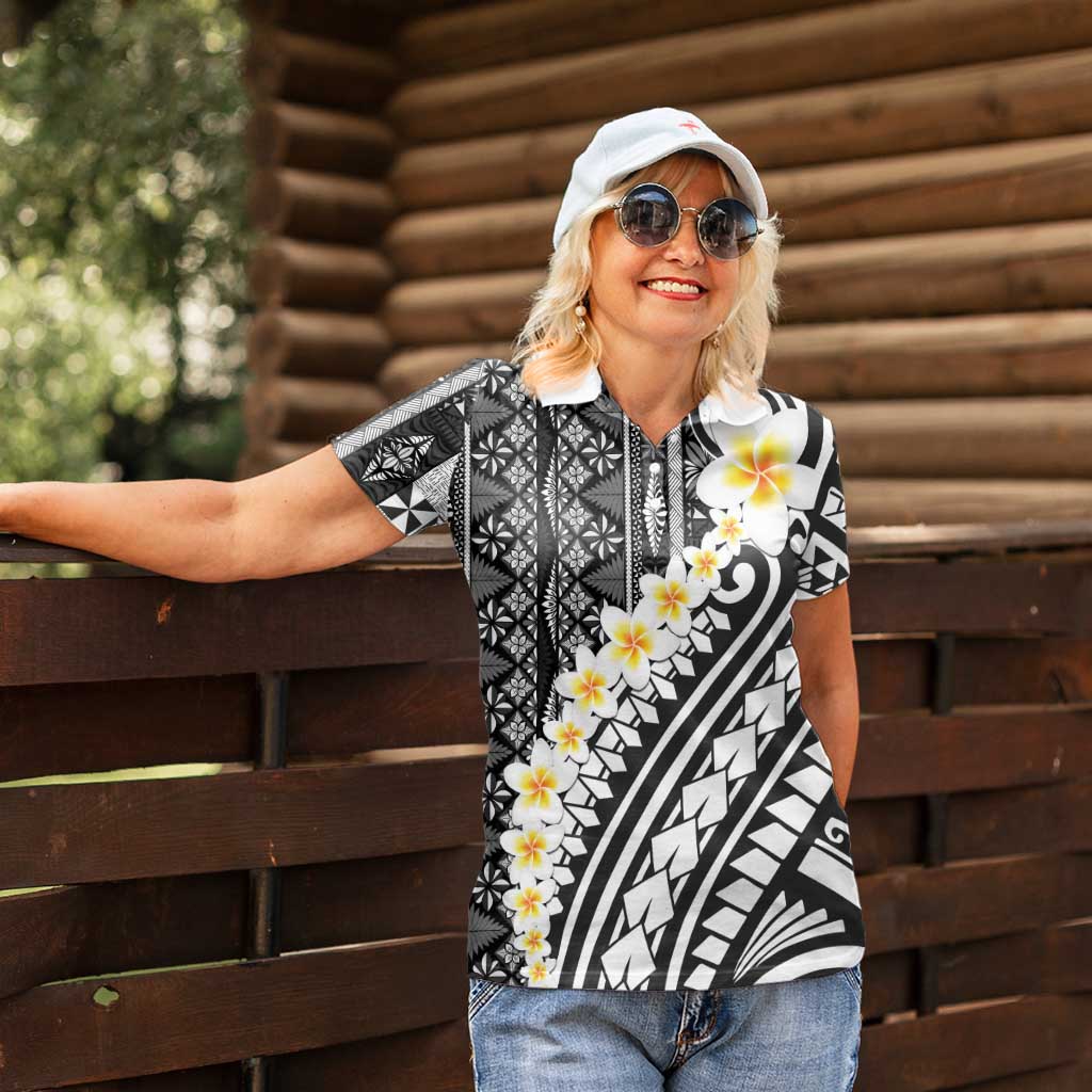 Black Vintage Tonga Ngatu Pattern With Plumeria Women Polo Shirt LT05 - Polynesian Pride