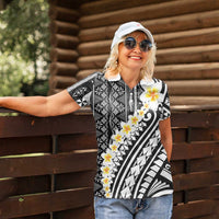 Black Vintage Tonga Ngatu Pattern With Plumeria Women Polo Shirt LT05 - Polynesian Pride
