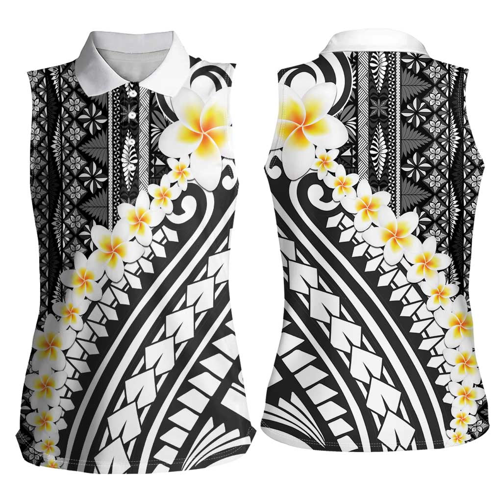 Black Vintage Tonga Ngatu Pattern With Plumeria Women Sleeveless Polo Shirt LT05 - Polynesian Pride