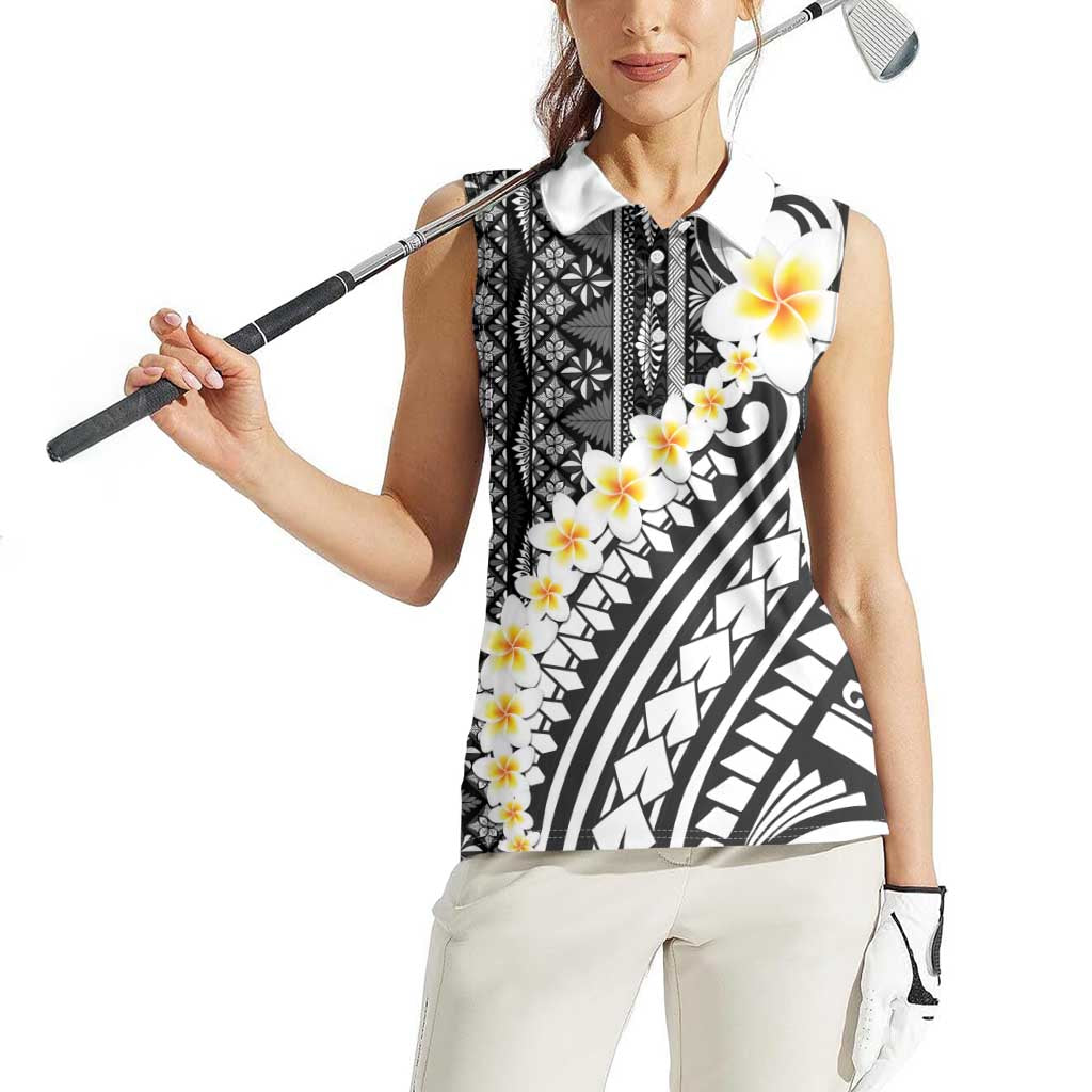 Black Vintage Tonga Ngatu Pattern With Plumeria Women Sleeveless Polo Shirt LT05 - Polynesian Pride
