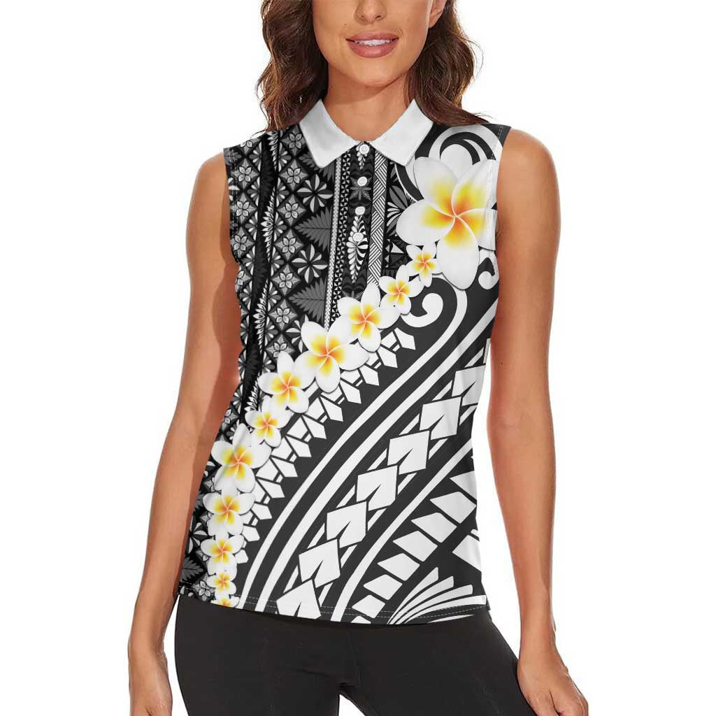 Black Vintage Tonga Ngatu Pattern With Plumeria Women Sleeveless Polo Shirt LT05 - Polynesian Pride