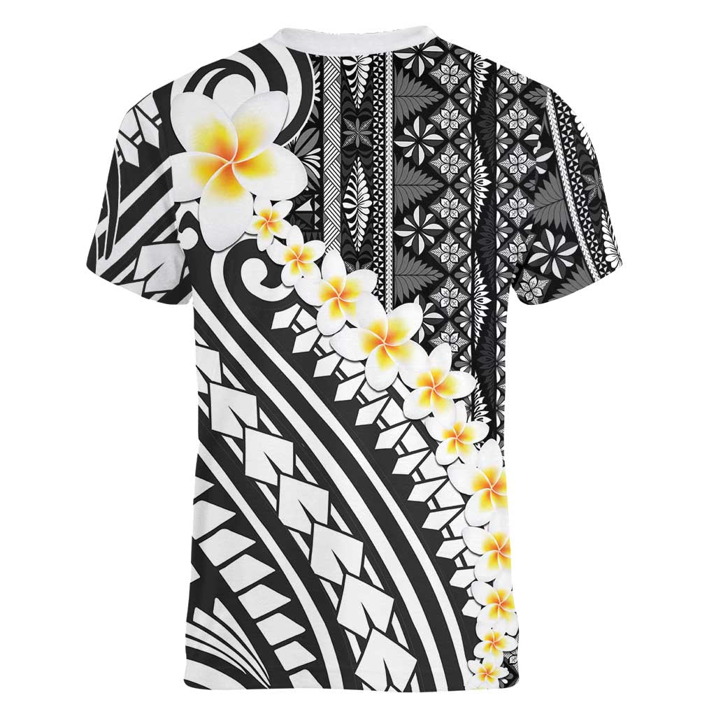 Black Vintage Tonga Ngatu Pattern With Plumeria Women V-Neck T-Shirt LT05 - Polynesian Pride