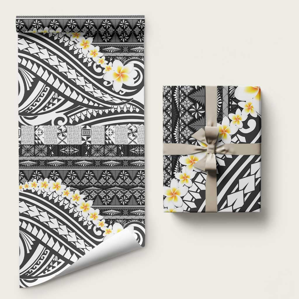 Black Vintage Tonga Ngatu Pattern With Plumeria Wrapping Paper LT05 58" × 23" Black - Polynesian Pride